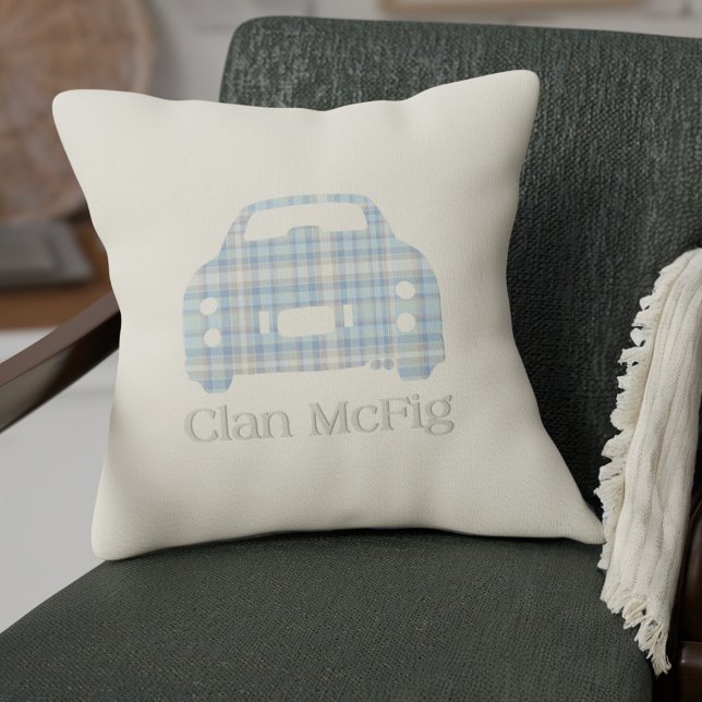 Tartan Plaid Funny Clan McFig Car Silhouette Throw Pillow (Fun tartan figaro car pillow for your car or home)
