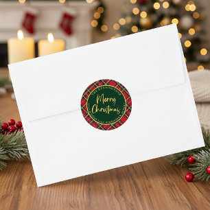 Tartan Plaid Gold Script Christmas Return Address Classic Round Sticker