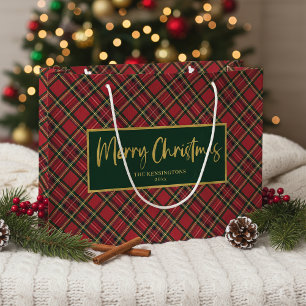 Tartan Plaid Gold Script Merry Christmas Large Gift Bag