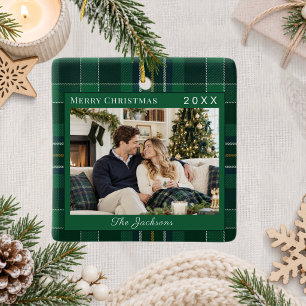 Tartan Plaid Green Photo Christmas Ceramic Ornament