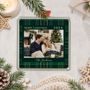 Tartan Plaid Green Photo Christmas Metal Ornament