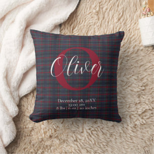 Tartan Plaid Monogram Birth Stats Newborn Baby Boy Throw Pillow