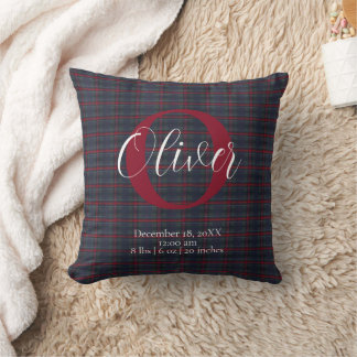Tartan Plaid Monogram Birth Stats Newborn Baby Boy Throw Pillow