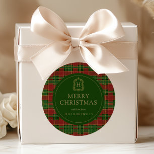 Tartan Plaid Monogram Crest Merry Christmas Classic Round Sticker