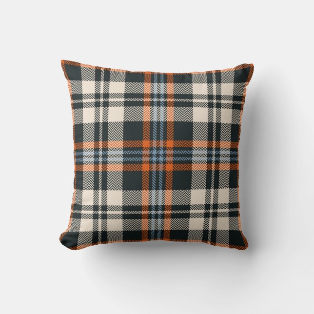 Tartan plaid pattern autumn in black, orange, blue throw pillow (Front)