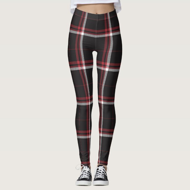 Tartan Plaid Pattern Red Black White Striped Leggings (Front)