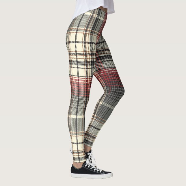 Tartan Plaid Pattern red grey white Leggings (Right)