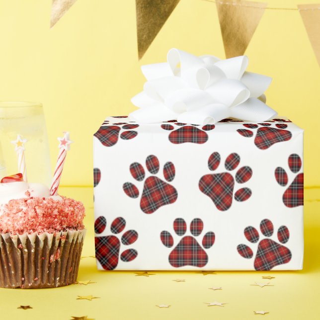 Tartan Plaid Paw Prints Wrapping Paper (Birthday Party)