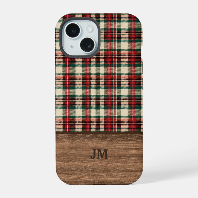 Tartan Plaid Phone Case with Wood Monogram (Verso)