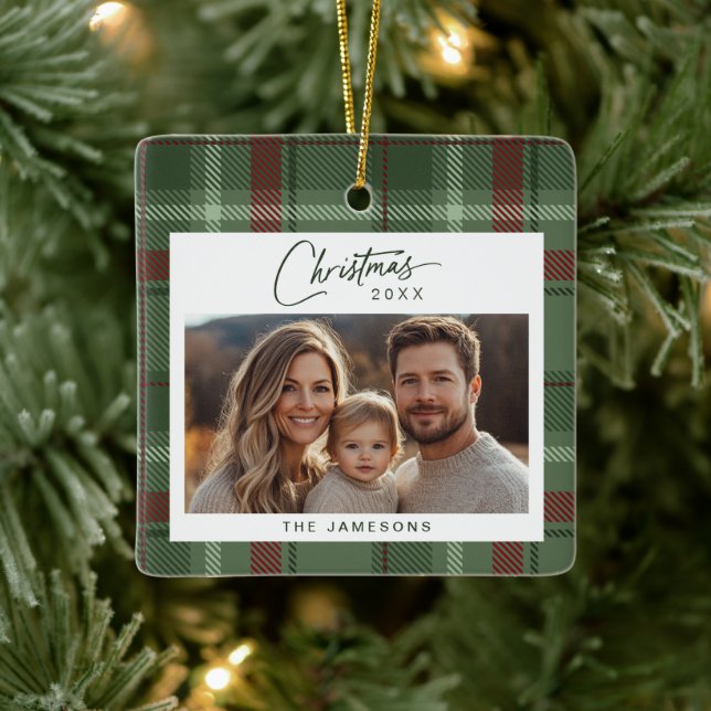 Tartan Plaid Photo Christmas Ceramic Ornament (Tree)