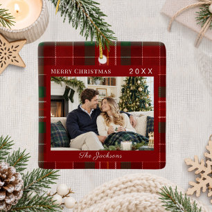Tartan Plaid Red Green Photo Christmas Ceramic Ornament
