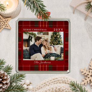 Tartan Plaid Red Green Photo Christmas Metal Ornament