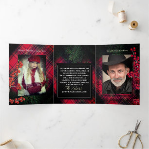 Tartan Plaid Red Personalized White Script Tri-Fold Holiday Card