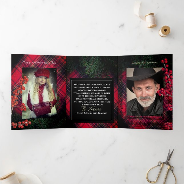 Tartan Plaid Red Personalized White Script Tri-Fold Holiday Card (Inside)