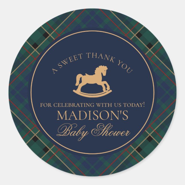 Tartan Plaid Rocking Horse Baby Shower Favor Classic Round Sticker (Front)