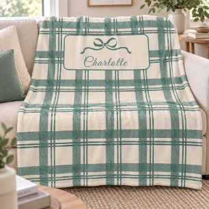 Tartan Plaid Sage Green Cream Bow Christmas Fleece Blanket