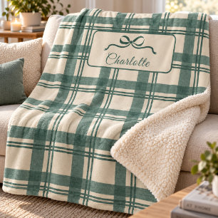 Tartan Plaid Sage Green Cream Bow Christmas Sherpa Blanket