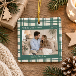 Tartan Plaid Sage Green Cream Photo Christmas Ceramic Ornament