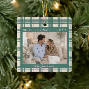 Tartan Plaid Sage Green Cream Photo Christmas Ceramic Ornament