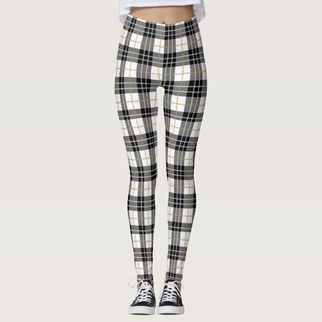 Tartan Plaid White, Black, & Gold Christmas Leggings (Front)