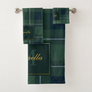Tartan Polo Plaid Vintage Monogram Dark Green Bath Towel Set