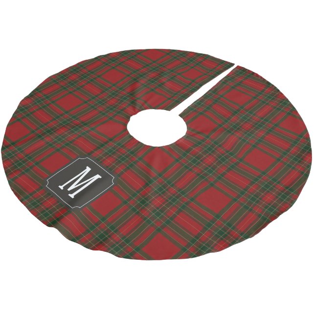 Tartan Red Green Monogram Brushed Polyester Tree Skirt (Angled)