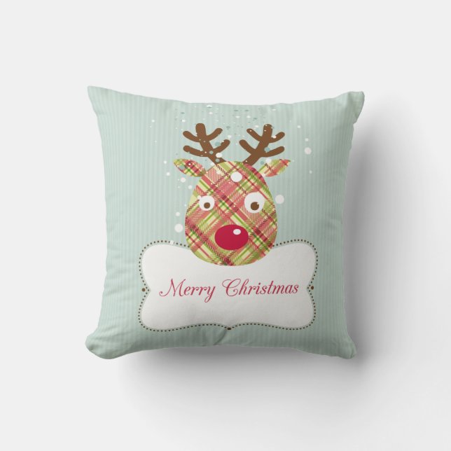 Tartan Reindeer Throw Pillow (Front)