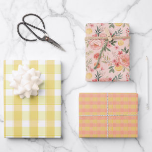 Tartan rose lemon yellow peach set wrapping paper