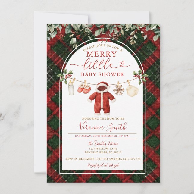 Tartan Santa Clothesline Merry Little Baby Shower Invitation (Front)