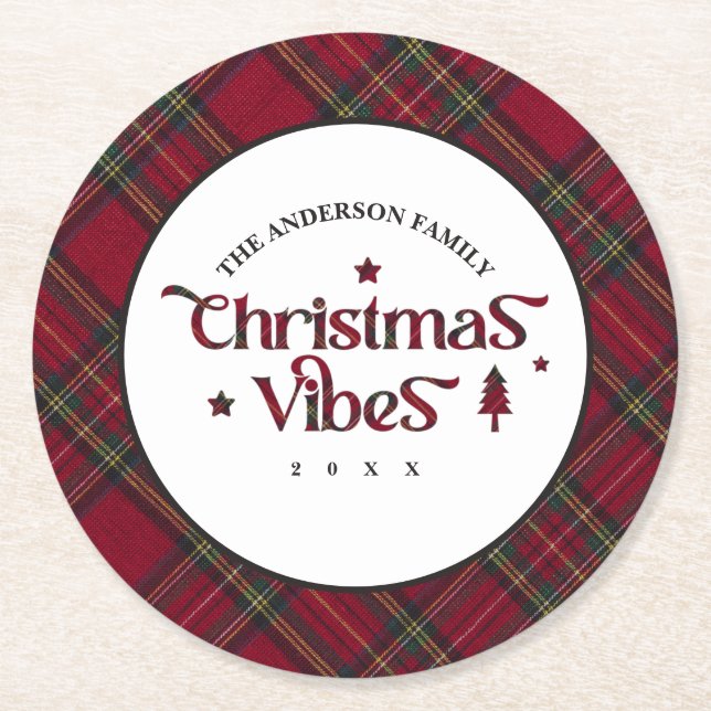 Tartan Treasures: Retro Christmas Vibes Round Paper Coaster (Front)