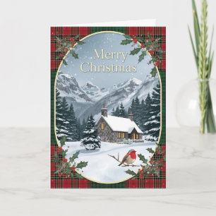 Tartan Winter Cottage Robin Christmas Card
