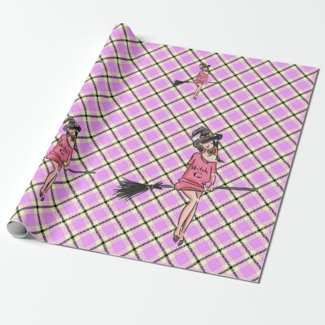 Tartan & witch girl, pastel scottish plaid pattern wrapping paper (Unrolled)