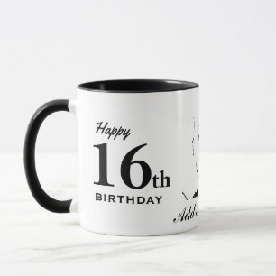 Tasse 16e anniversaire Sweet 16 typographie noir blanc