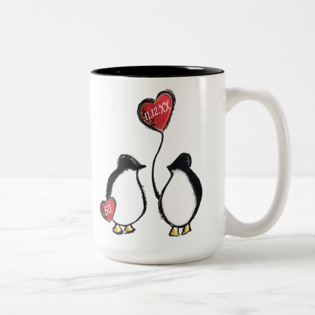 Tasse 2 Couleurs 50e anniversaire de mariage d'or pingouin (Droit)