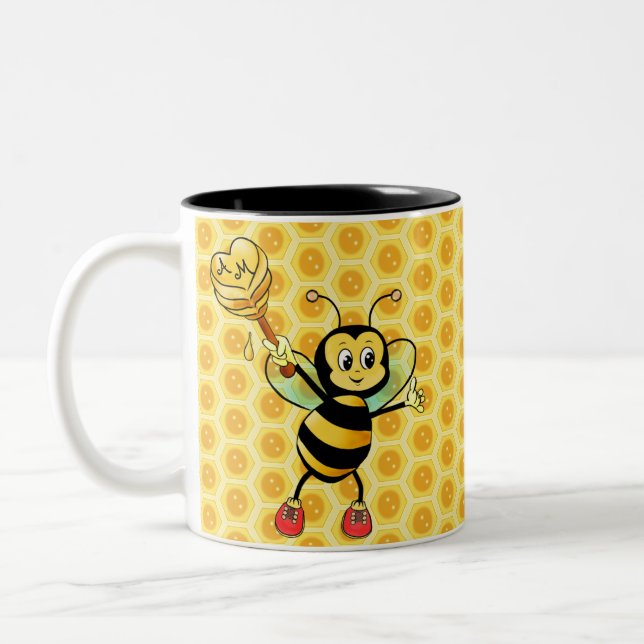 Tasse 2 Couleurs Abeille de miel avec coeur et monogramme (Gauche)