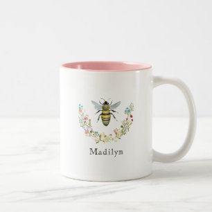 Tasse 2 Couleurs Abeille Fleur sauvage d'aquarelle Ajouter un nom p