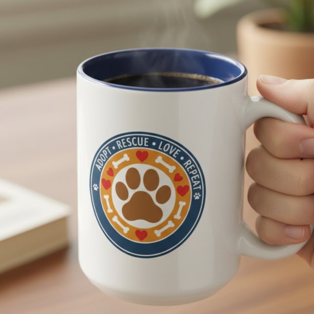 Tasse 2 Couleurs Adopt Rescue Love Repeat Paw Print  (Pet rescue supporter mug)