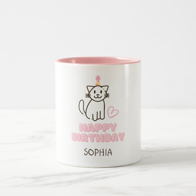 Tasse 2 Couleurs Adorable Chat dans un Casquette d'anniversaire (Centre)