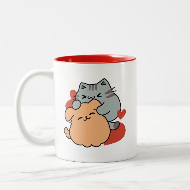 Tasse 2 Couleurs Adorable chat et chien Hug - Meow & Woof Design (Gauche)