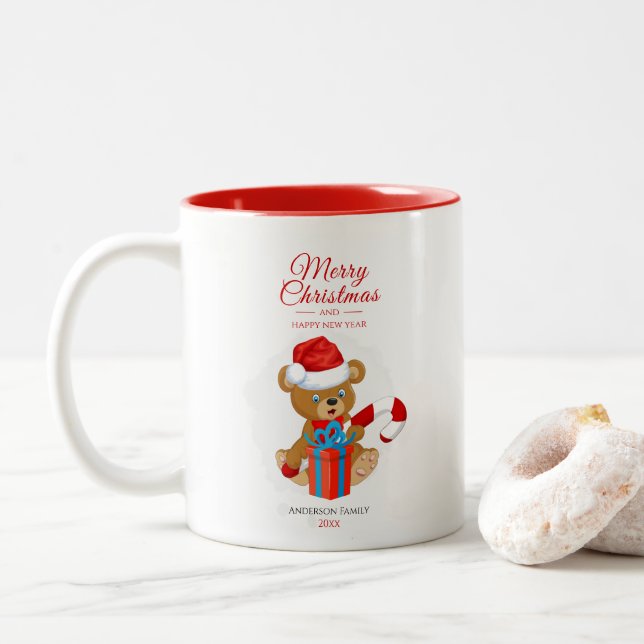 Tasse 2 Couleurs Adorable Noël Teddy | Noël personnalisé (Avec donut)