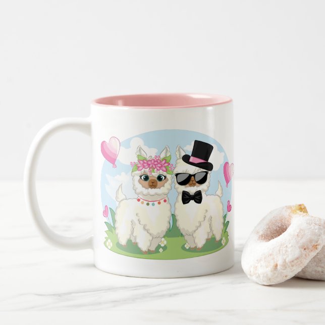 Tasse 2 Couleurs Adorables Llama Rose Couple Mariage (Avec donut)