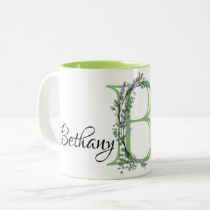 Tasse 2 Couleurs Alphabet lettre B, aquarelle Lavande botanique