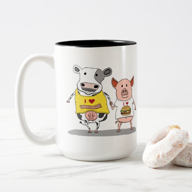 Tasse 2 Couleurs Amis mignons et drôles de vache et de porc (Avec donut)