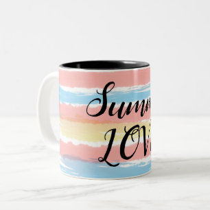 Tasse 2 Couleurs Amour d'été rose bleu jaune rayures aquarelle