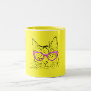 Tasse 2 Couleurs Amoureux des animaux Chat jaune mignon en lunett