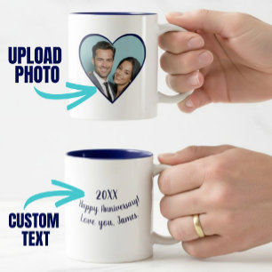 Tasse 2 Couleurs Anniversaire personnalisé Photo Coeur bleu