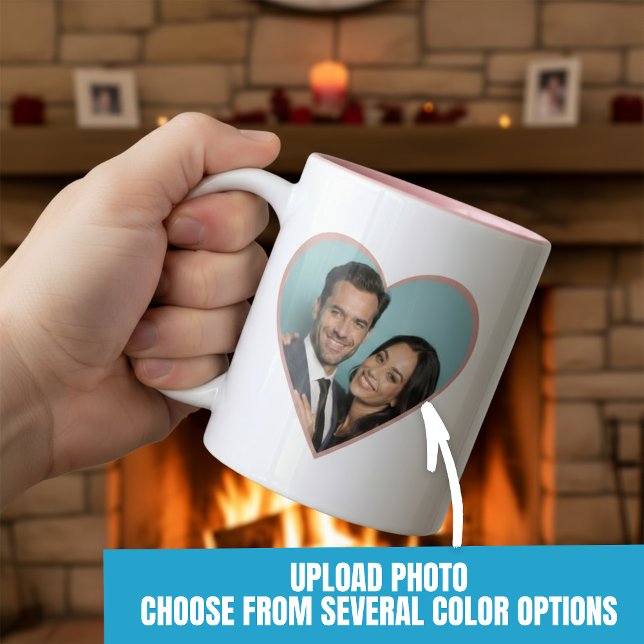 Tasse 2 Couleurs Anniversaire personnalisé Photo Coeur rose (Personalized Anniversary Custom Photo Heart Pink Two-Tone Coffee Mug.)