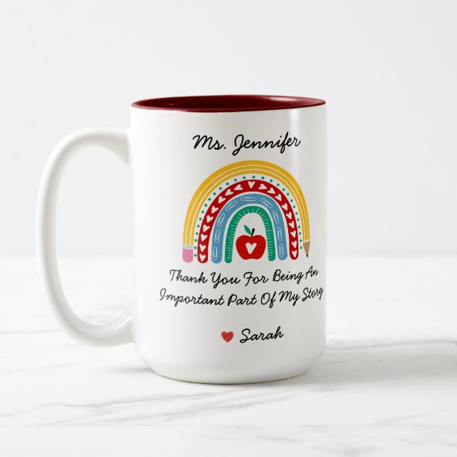 Tasse 2 Couleurs Appréciation de l'enseignant avec message de Merci (Gauche)