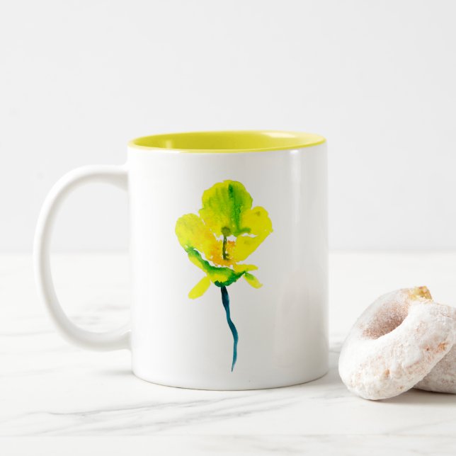 Tasse 2 Couleurs Aquarelle abstraite jaune lâche floral (Avec donut)