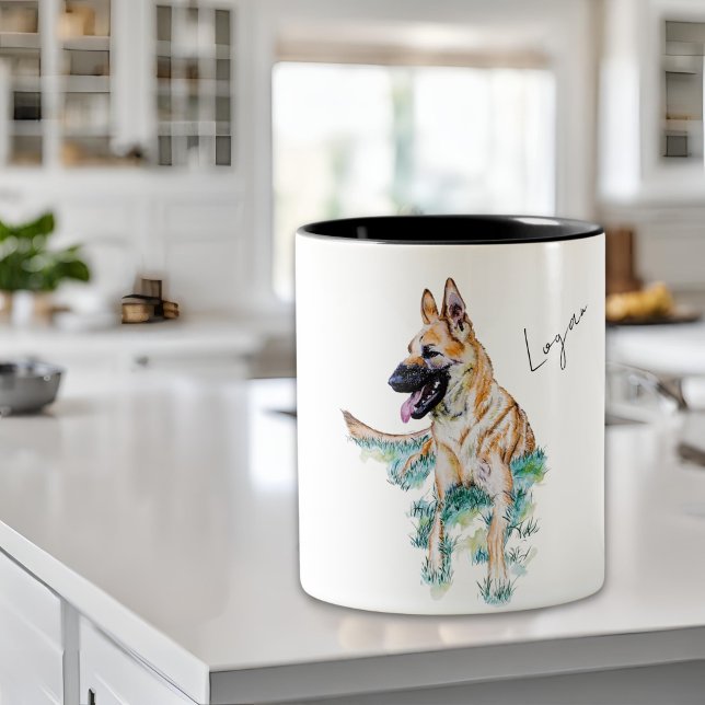 Tasse 2 Couleurs Aquarelle Allemande Berger Malinois Personnalisé (Créateur téléchargé)